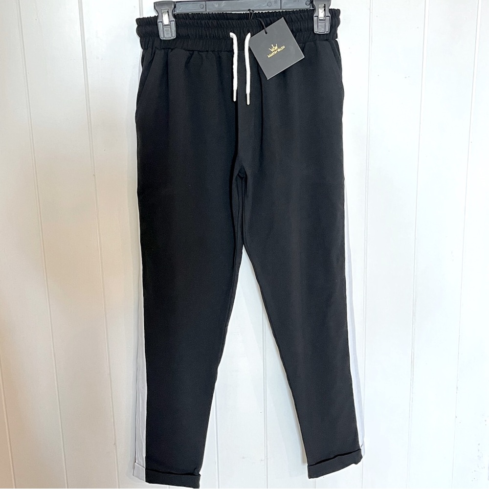 Martin Valen. White Striped Black Pants. Flat Front. Small